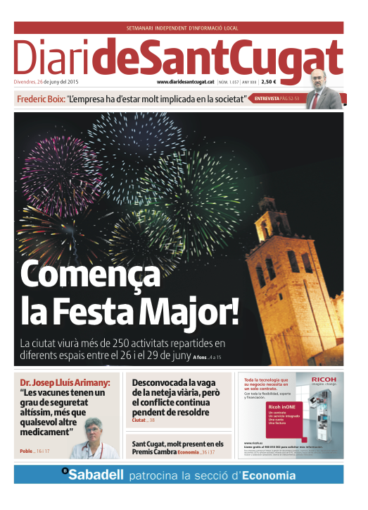 La portada del 'DIARI de Sant Cugat' d'aquest divendres, 26 de juny, dedicada a la Festa Major.
