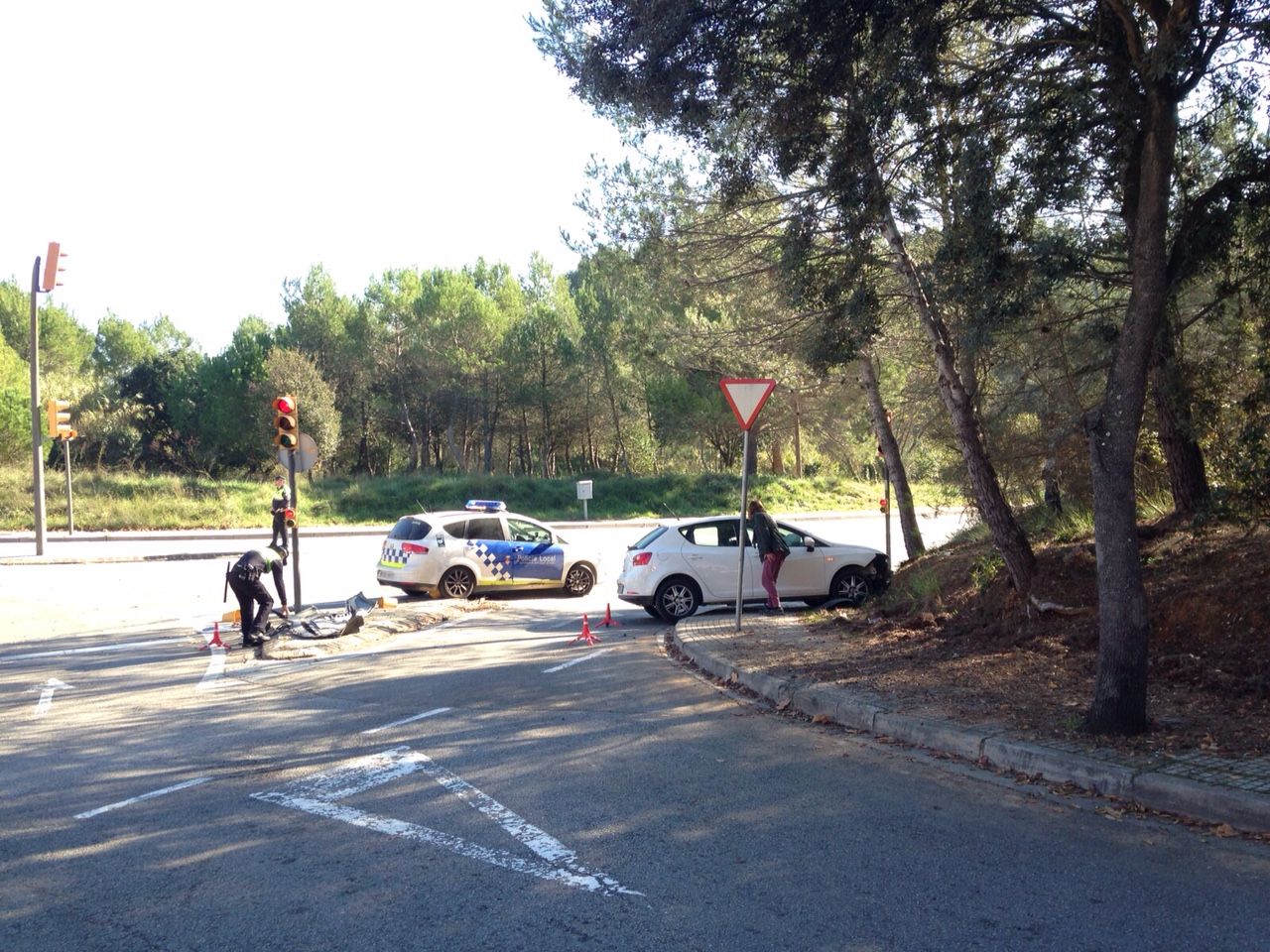 Un dels cotxes ha topat contra la vorera i un desl sem&agrave;fors. FOTO: Artur Ribera 
