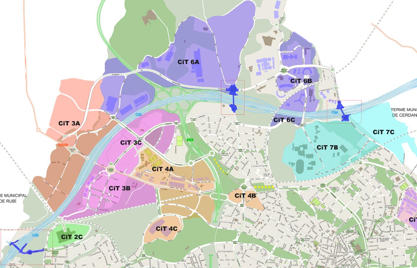 Els tres ponts marcats amb color blau 