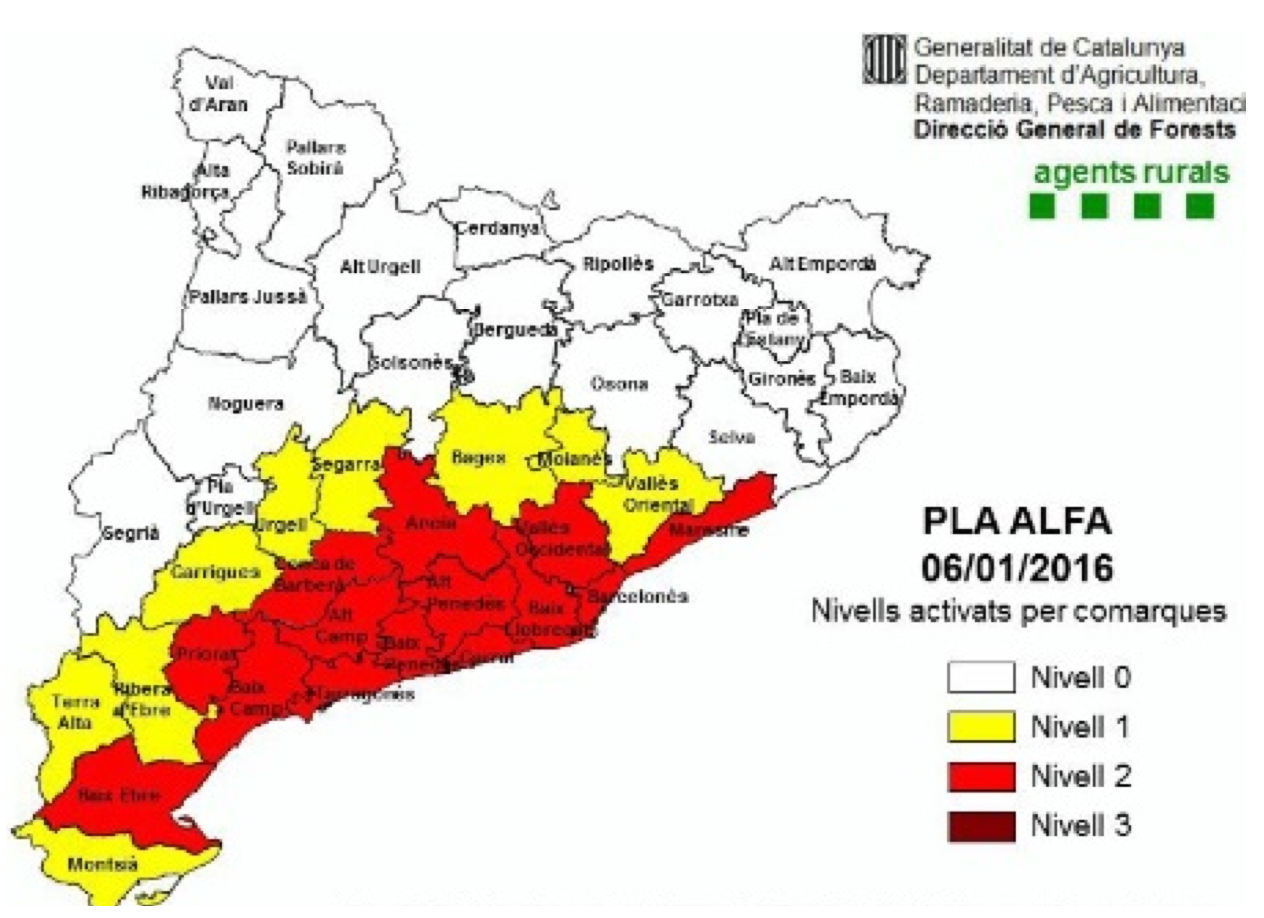  Mapa de la situaci&oacute; de perill per risc d'incendi forestal. FOTO: Cedida 