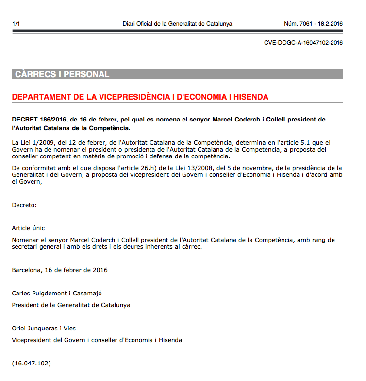 Imatge del DOGC del nomenament FOTO: Generalitat de Catalunya Imatge del DOGC del nomenament FOTO: Generalitat de Catalunya