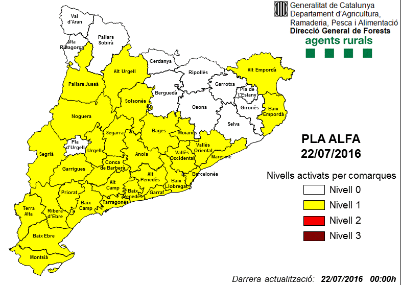 Les comarques en groc mantenen una alerta per incendi d'1 sobre 3, com és el cas del Vallès Occidental 