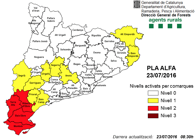 El nivell d'activitat del Pla Alfa segons les comarques catalanes FOTO: Cedida