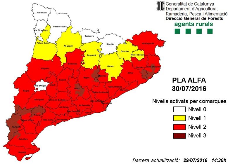 El mapa del Pla Alfa de tot Catalunya per dissabte, 30 de juliol FOTO: Generalitat de Catalunya 