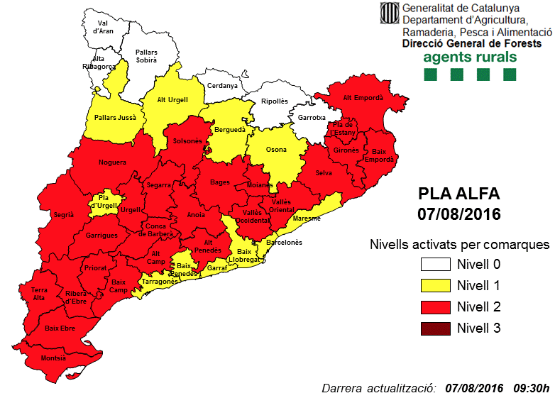 El mapa del Pla Alfa de tot Catalunya per diumenge, 7 d'agost FOTO: Generalitat de Catalunya