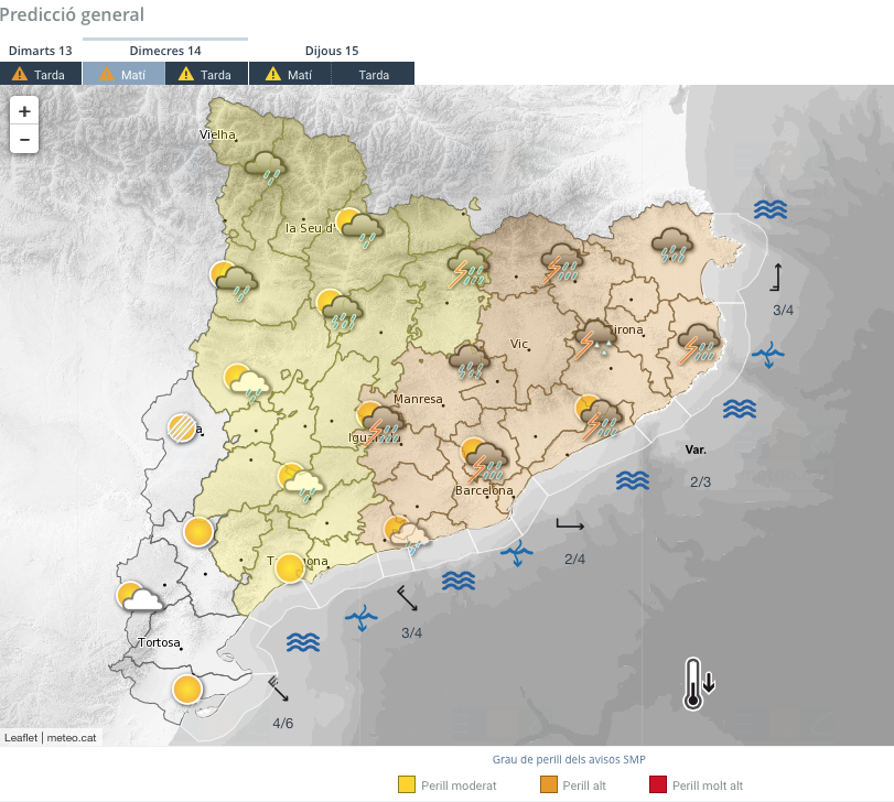 Tal com mostra el mapa, la Comarca del Vallès Occidental està en perill alt per aquest dimecres FOTO: Meteocat Tal com mostra el mapa, la Comarca del Vallès Occidental està en perill alt per aquest dimecres FOTO: Meteocat
