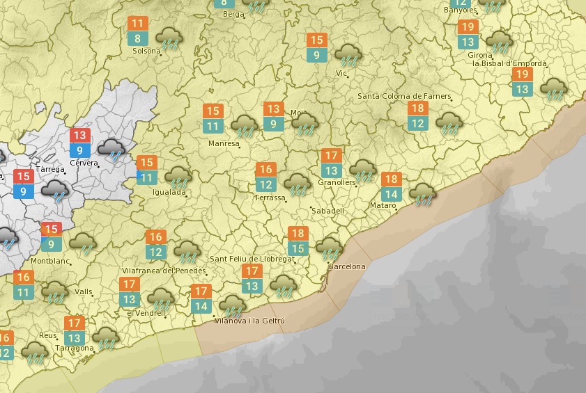 Mapa de l'avís per pluja al Vallès Occidental 
