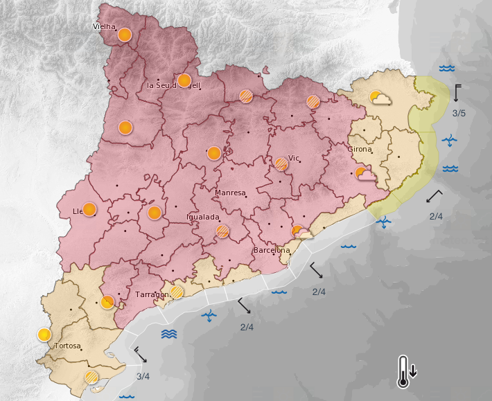 Catalunya està en alerta alta per la baixada de temperaturs FOTO: Mapa d'avisos Meteocat Catalunya està en alerta alta per la baixada de temperaturs FOTO: Mapa d'avisos Meteocat
