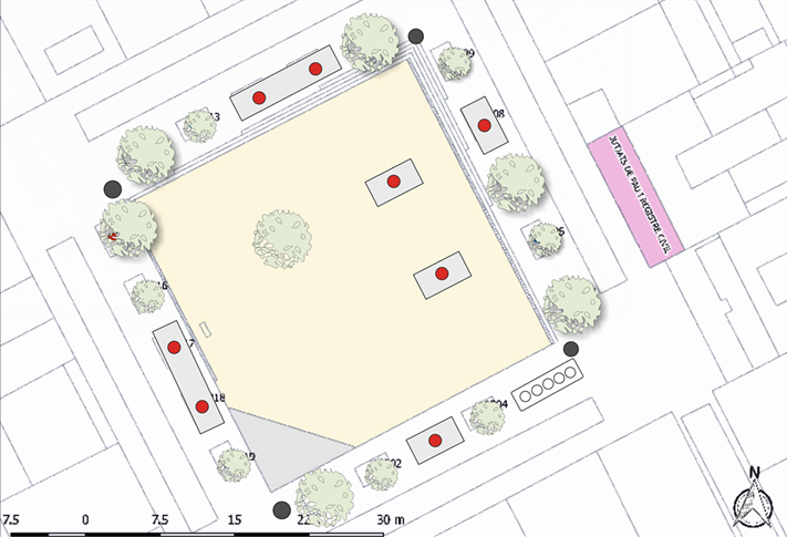Pl&agrave;nol de les actuacions als arbres de la pla&ccedil;a Barcelona; en vermell, els arbres que s'han de transplantar. FOTO: Cedida.