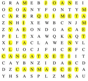 Solucions de la sopa del conte "En Joan i na Marieta, els gegants de Sant Cugat"