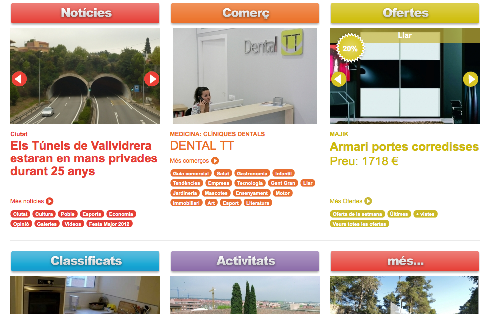 El web totsantcugat.cat té sis seccions: Notícies, Ofertes, Activitats, Classificats i Vídeos