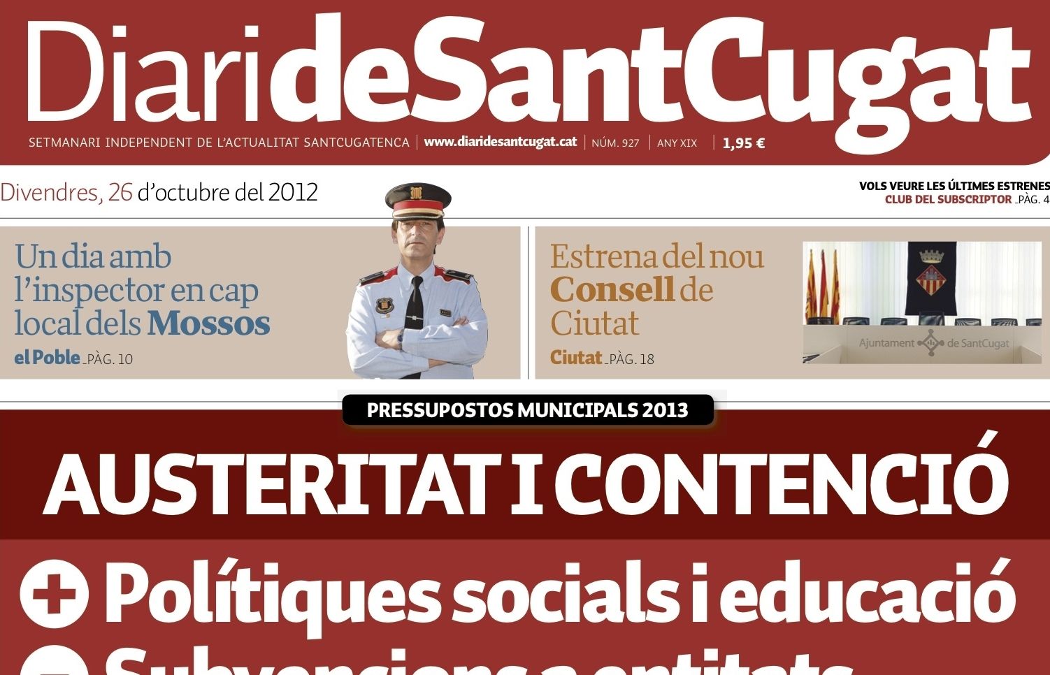 Portada del diari del 26 d'octubre del 2012