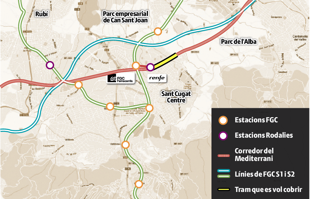 Mapa del Corredor del Mediterrani en el seu pas per Sant Cugat. 