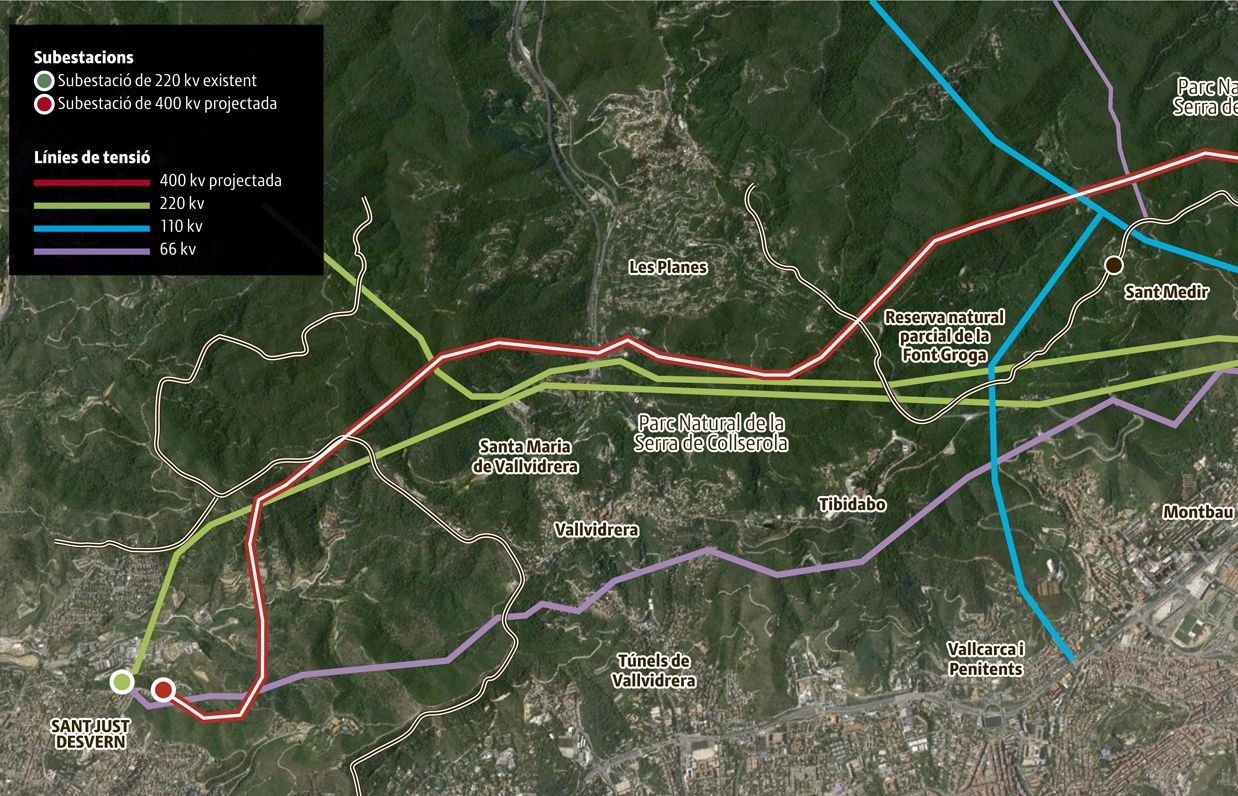 La línia vermella marca la nova MAT que travesseria la serra de Collserola. Mapa: El·laboració propia