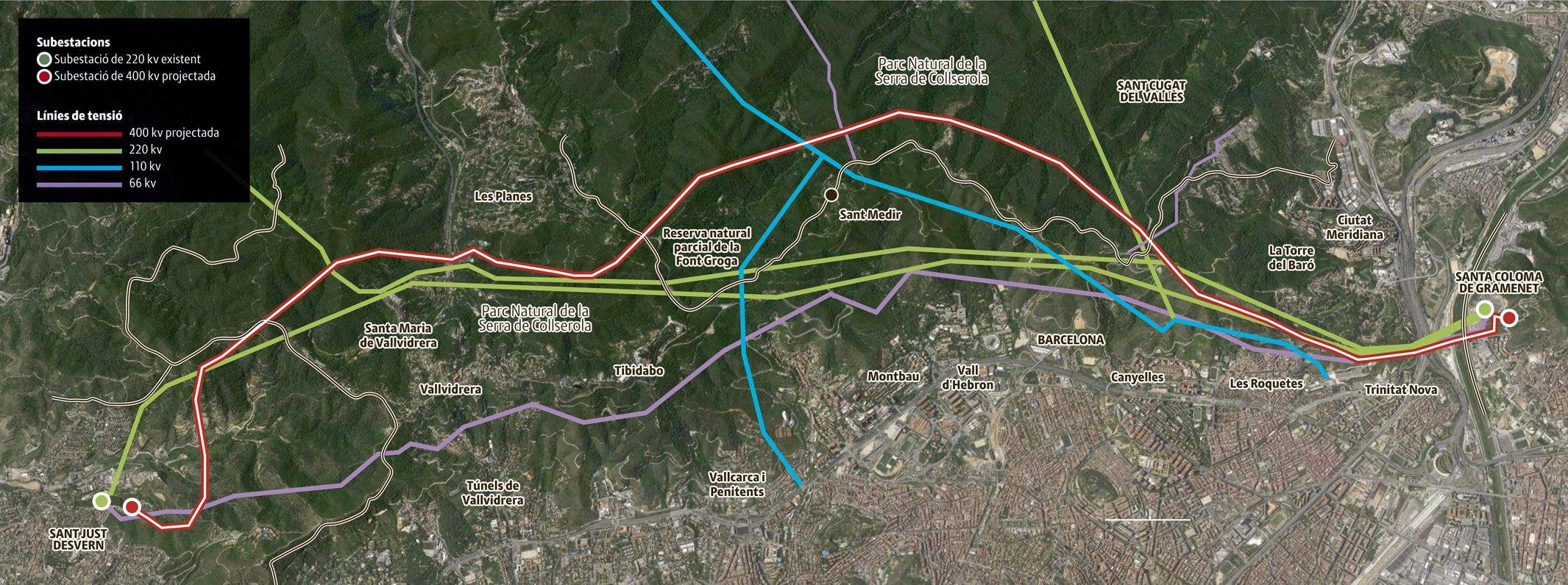 La línia vermella marca la nova MAT que travesseria la serra de Collserola. Mapa: El·laboració propia