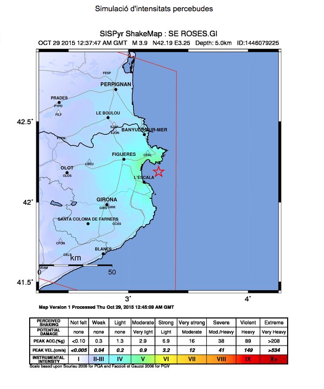 L'epicentre del sisme i les intensitats percebudes (verd: moderat; blau: lleuger; lila: dèbil) . FOTO: Cedida