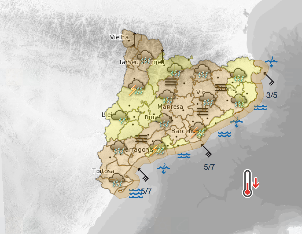 El mapa mostra en colors el nivell de perillositat. FOTO:  www.meteo.cat