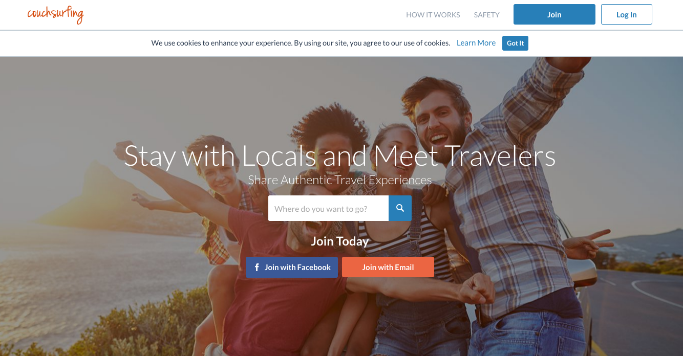 Home de la pàgina de Couchsurfing.com