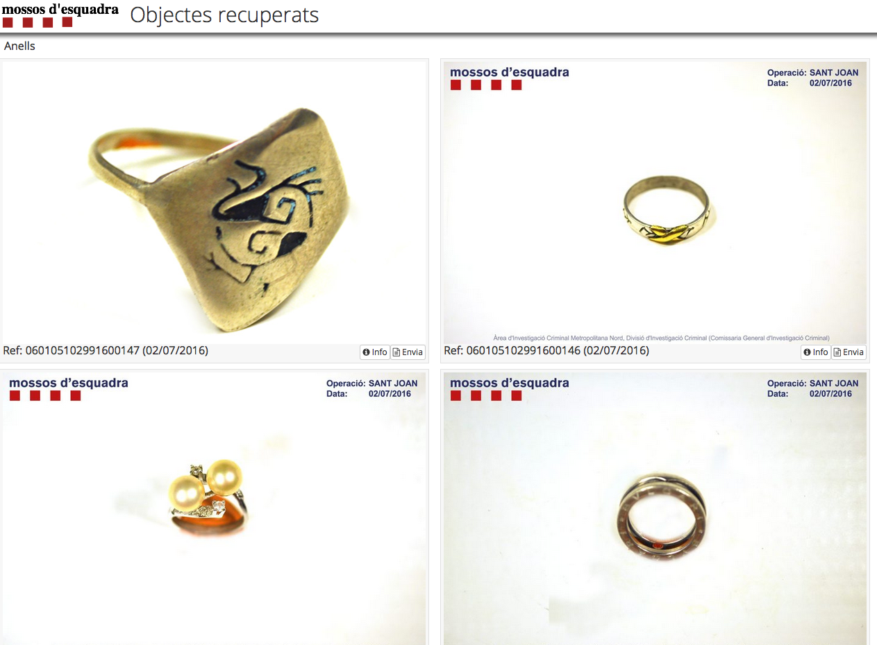 Els Mossos publiquen els objectes recuperats de robatoris FOTO: Cedida
