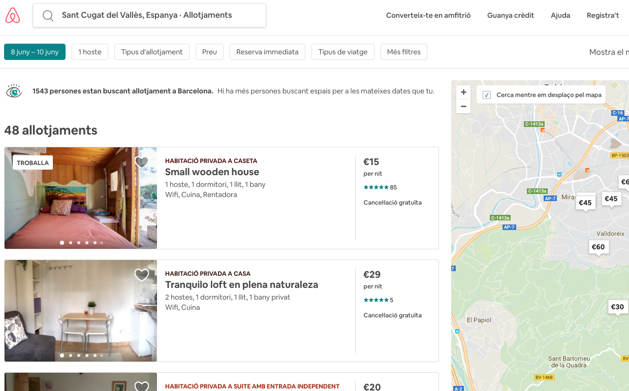 AirBnb té una cinquantena d'allotjaments turístics a Sant Cugat.