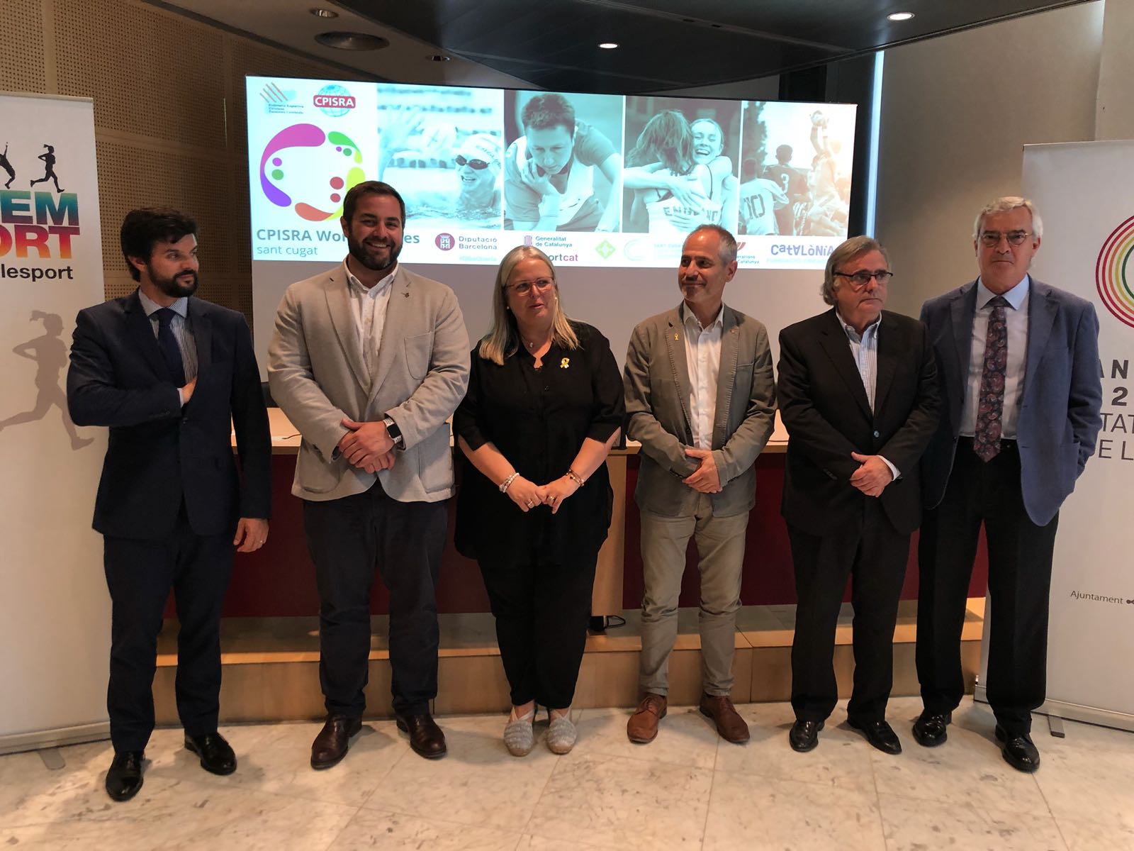 Gerard Esteva, Eloi Rovira, Maite Fandos, Oriol Marcé, Carles Muñoz i Joaquim Serrahima, en la presentació dels CPISRA World Games 2018. FOTO: Localpres