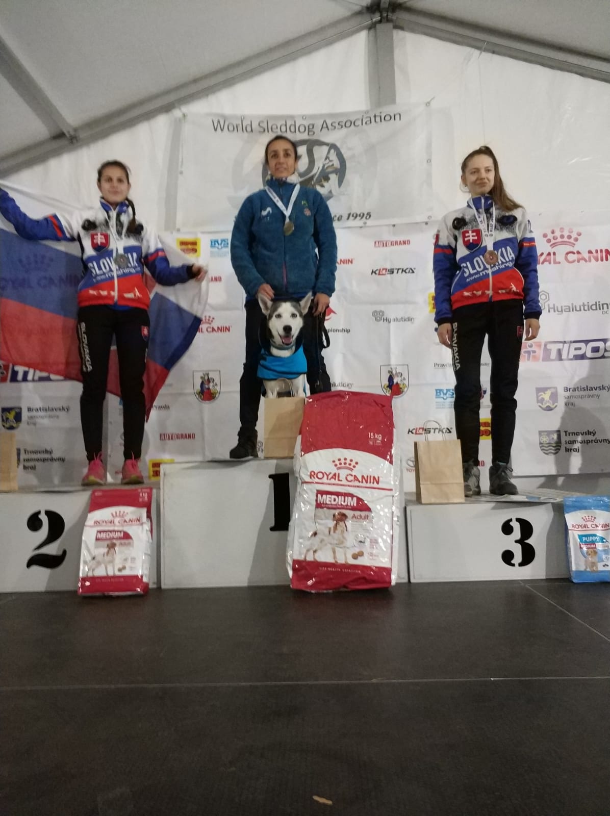 Olga Àlvarez amb Sheppard en el podi del Mundial de Múixing de Gossos Nòrdics. FOTO: Cedida