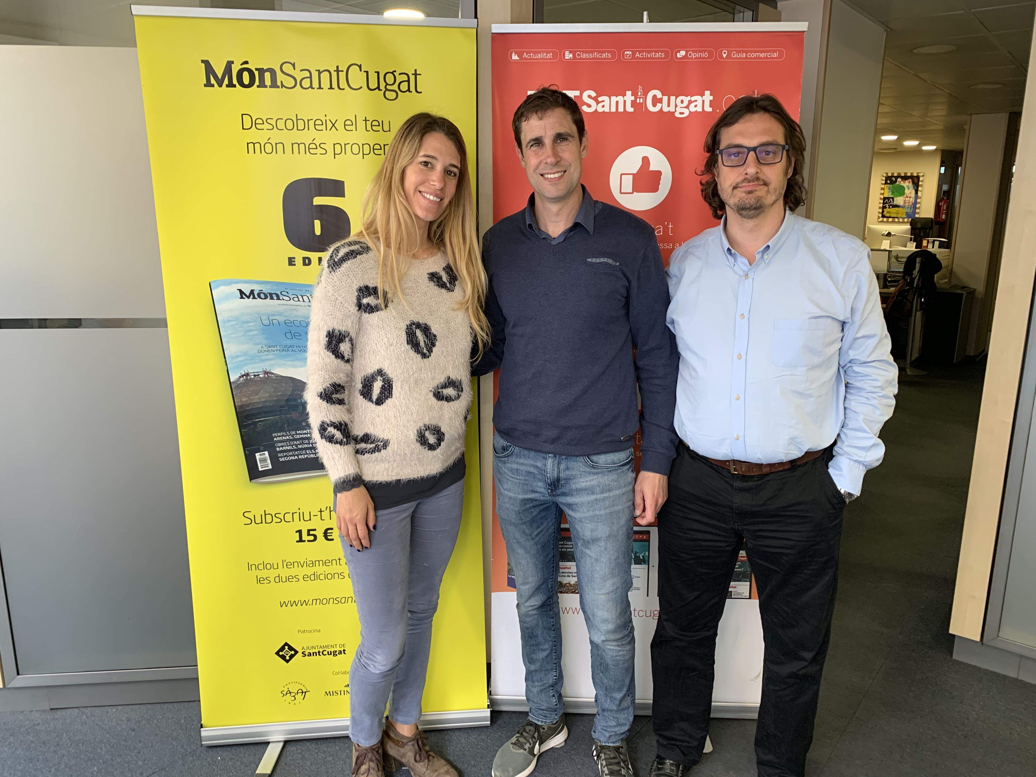 Laura Grau, Francesc Costa i Àlex López, en l'acte de signatura del conveni entre el TOT Sant Cugat i el Club Tennis Natació Sant Cugat. FOTO: TOT Sant Cugat