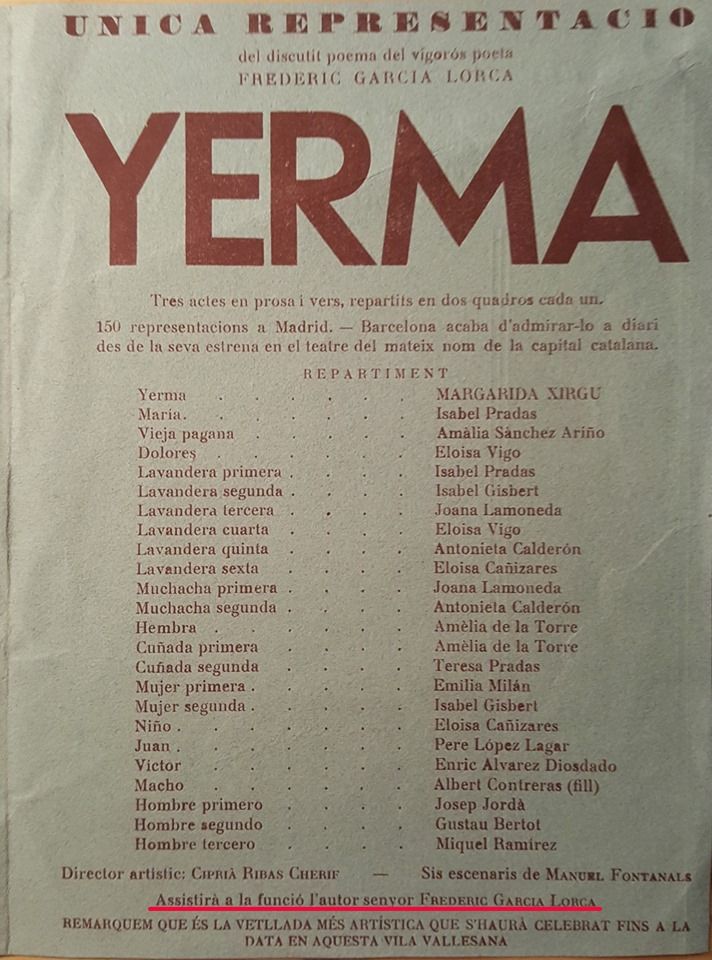 Programa de 'Yerma', datat del 1935, a La Unió. FOTO: Cedida