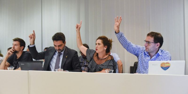 Els tres regidors de Ciutadans voten en un punt de l'ordre del dia. FOTO: Bernat Millet