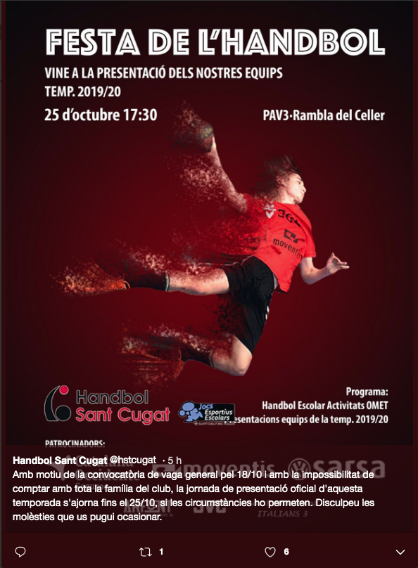 Comunicat oficial del CH Sant Cugat per ajornar la presentació dels equips: Twitter Club Handbol Sant Cugat