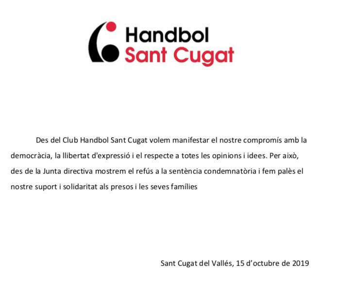 Comunicat del CH Sant Cugat condemnan la sentència del Procès. FOTO: Twitter CH Sant Cugat