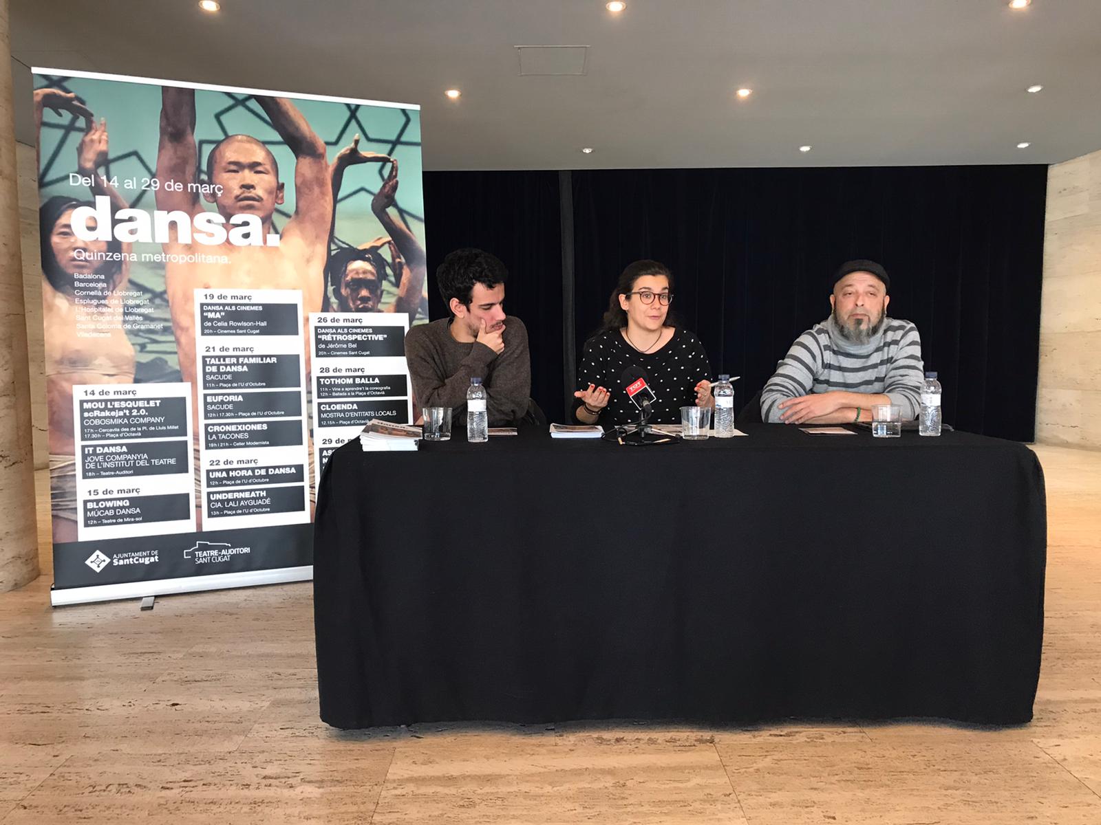 Presentació del 'Dansa. Quinzena Metropolitana'. D'esquerra a dreta: Pol Jiménez, Esther Madrona i Samuel Delgado. FOTO: Ferran Mitjà