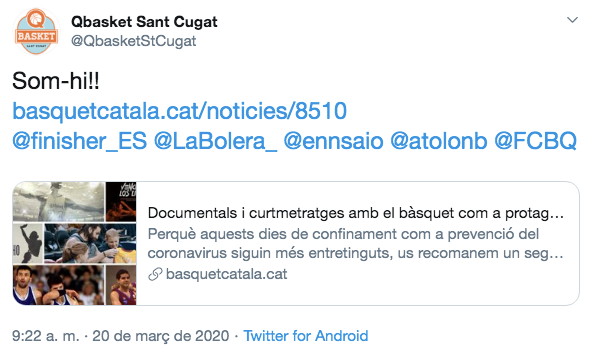 Twitter del Qbasket Sant Cugat difonen un reportatge de la Federació Catalana de Bàsquet. FOTO: Twitter Qbasket Sant Cugat