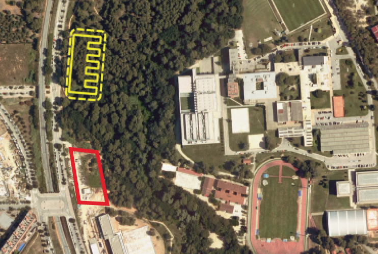 En groc, ubicació escollida per La Mirada. En vermell, la ubicació general descartada per Protecció Civil i que defensa SOS Volpelleres