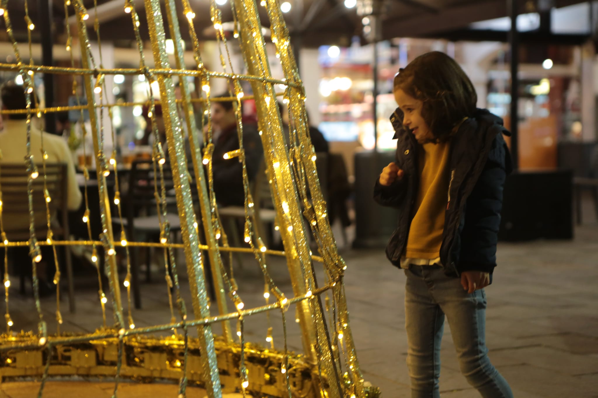 Observant un arbre de llums de Nadal a la plaça d'Octavià. FOTO: Artur Ribera