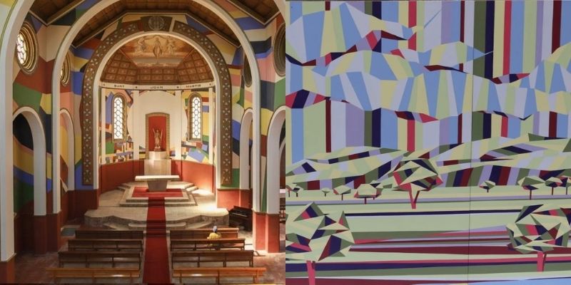 A l'esquerra, l'església de Sant Joan Baptista de Penelles i a la dreta un quadre de Curriu.