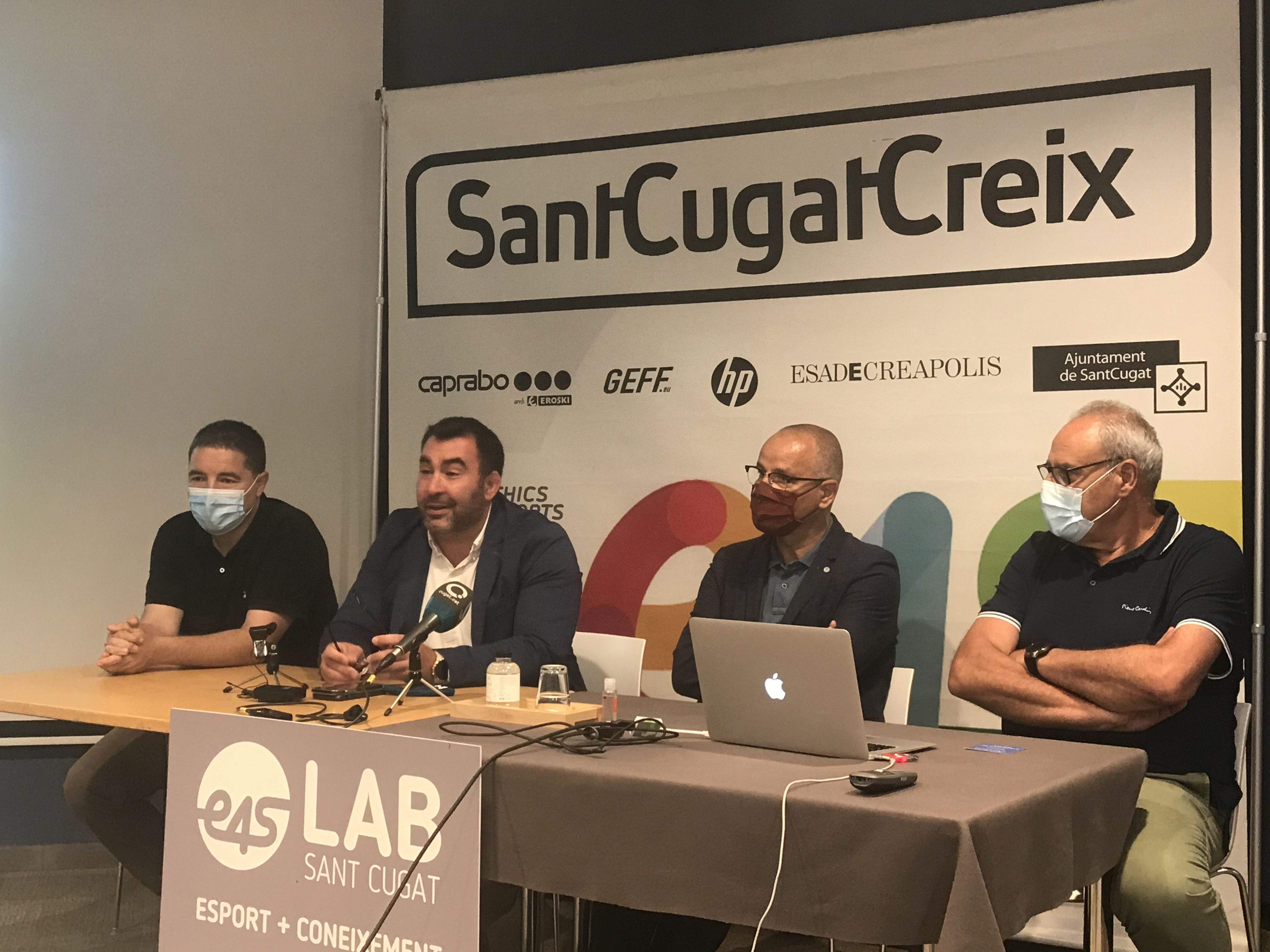 Albert Saladrich, Mauri Benito, Enric Maria Sebastiani (Fundació Blanquerna) i Miquel Martínez, d'esquerra dreta, en la presentació dels resultats del programa Ethics4Sports de la temporada 208/19. FOTO: Nielo Ballart