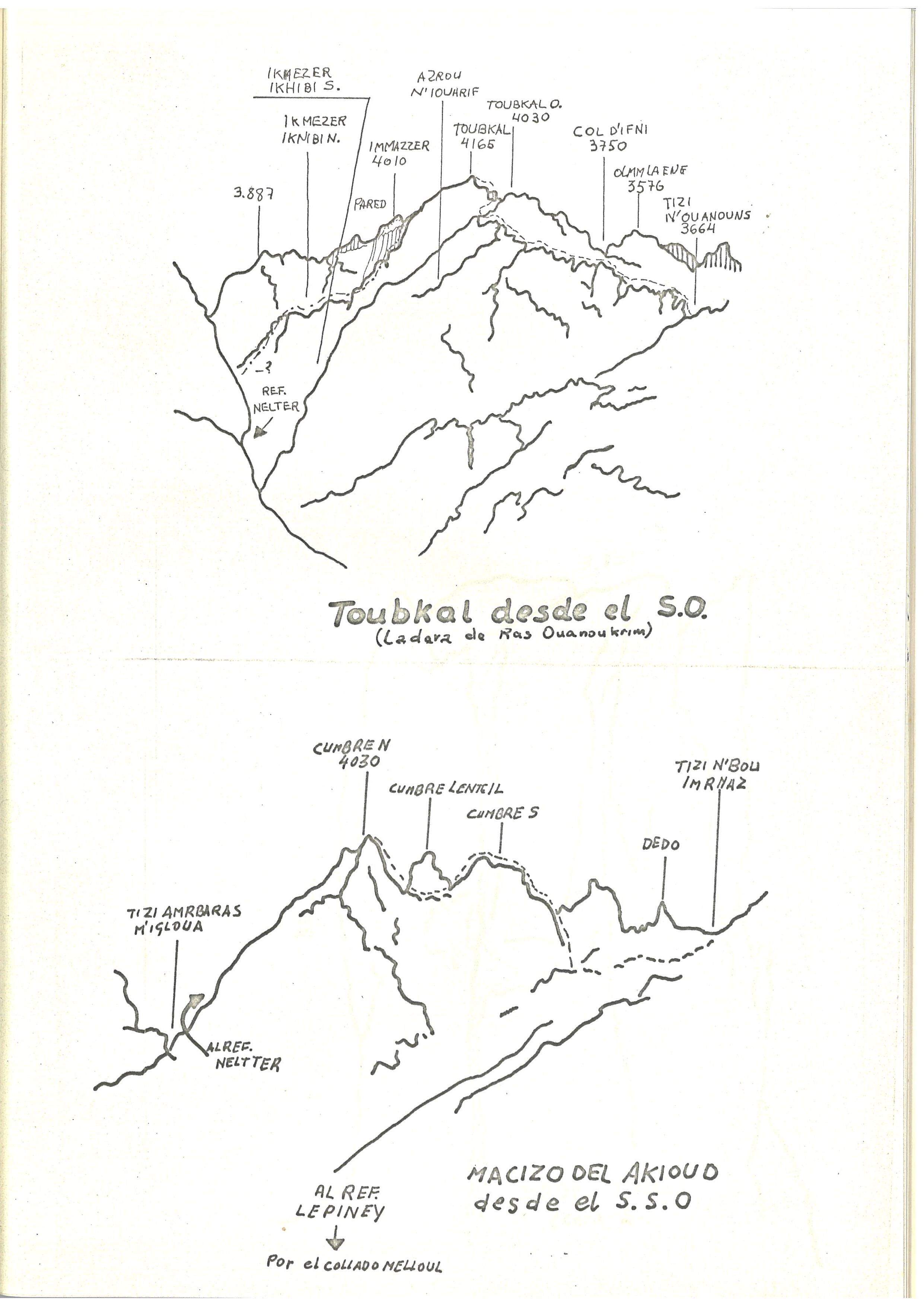 Pàgina del llibret promocional de l’expedició amb dibuixos de la zona del Toubkal i Akioud