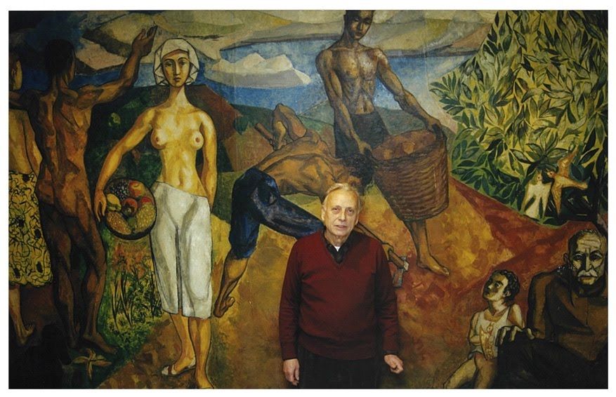 Grau-Garriga al mural de la seu de Totmedia, l'any 1999