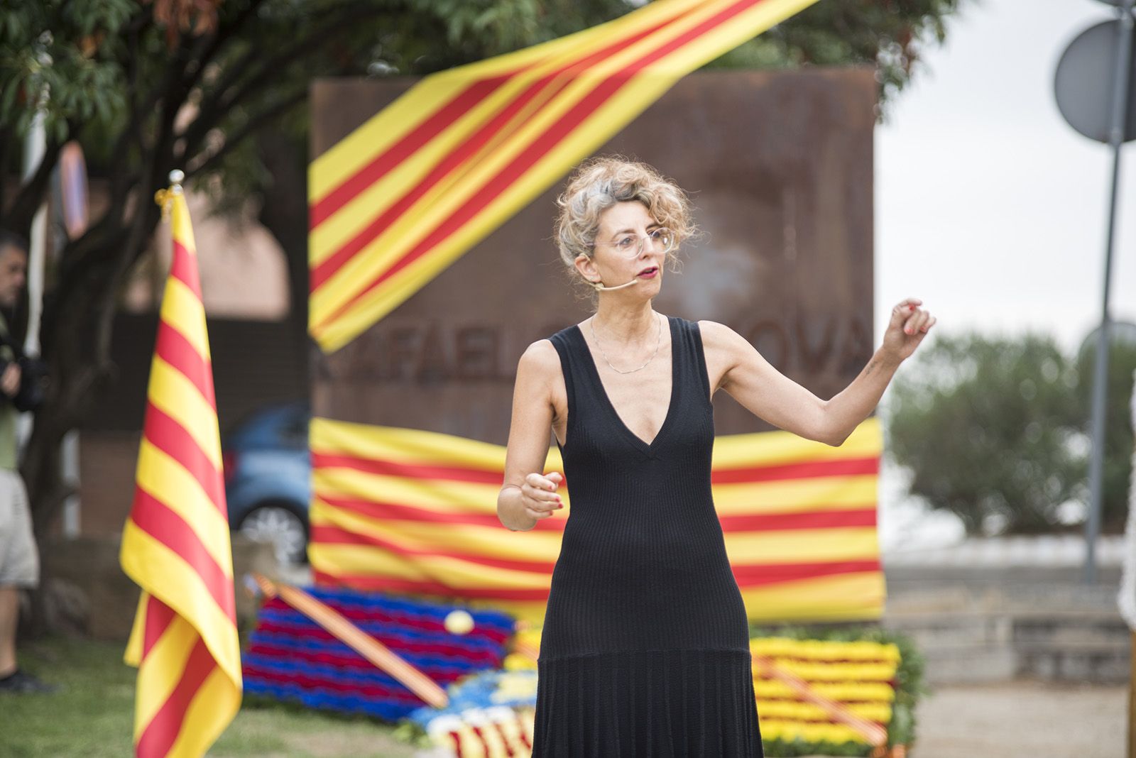 Gisela Figueras interpreta una poesia a l'Ofrena floral a Rafael Casanova. Foto: Bernat Millet.
