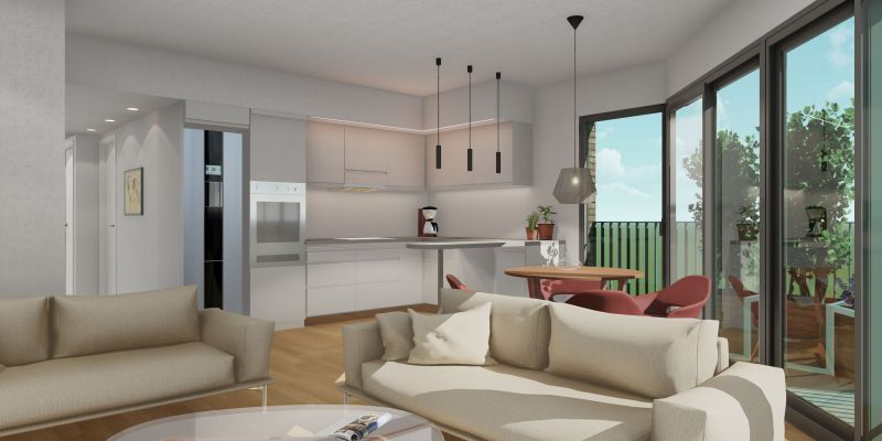 Saló-menjador amb cuina oberta de l'habitatge a la promoció d'obra nova al centre de Sant Cugat de la immobiliària Tecnocasa. FOTO: Cedida