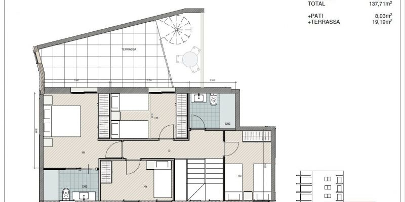 Plànol de la primera planta de la segona casa adosada del centre de Sant Cugat de la immobiliària Tecnocasa. FOTO: Cedida