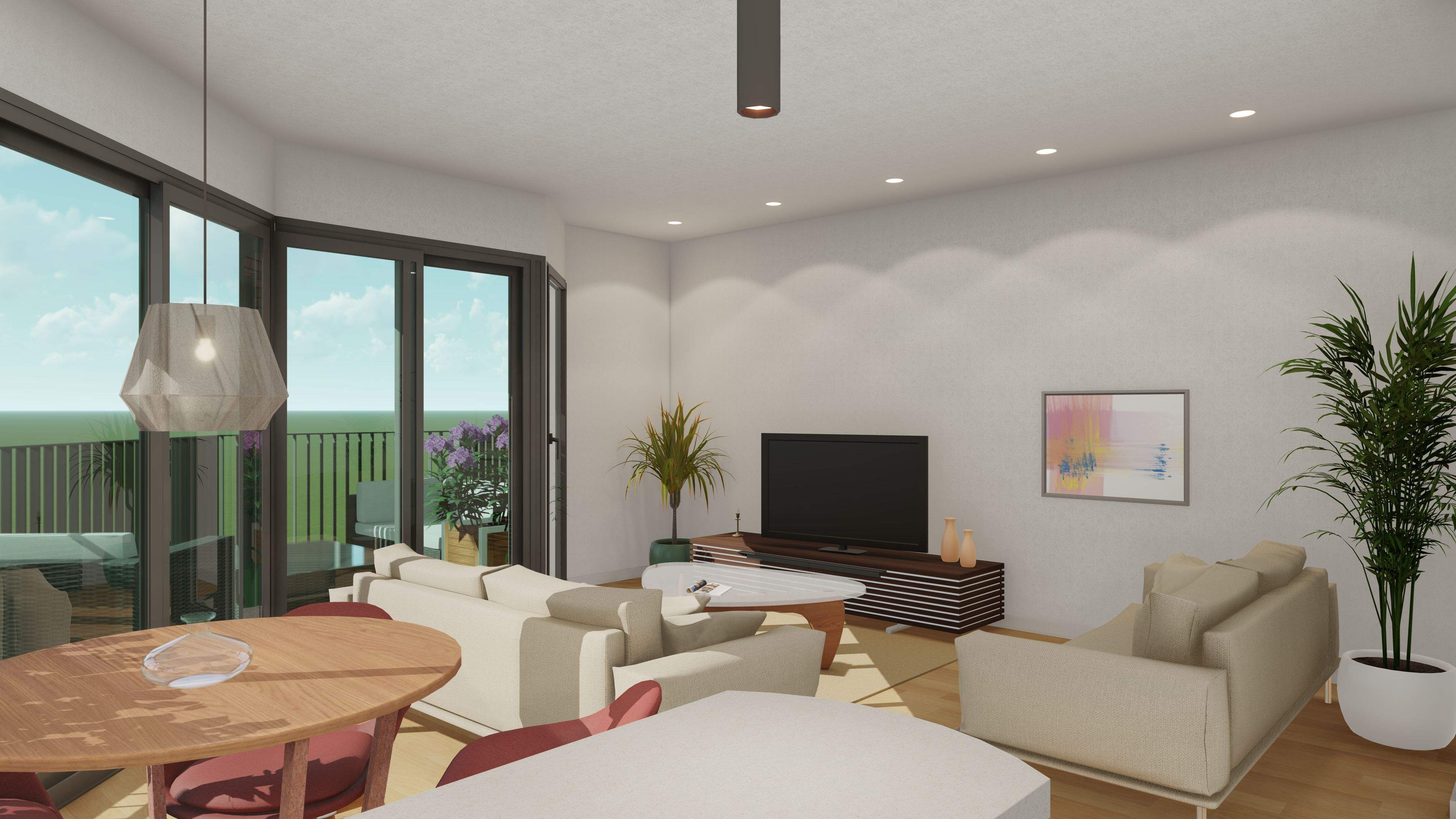 Renderització del saló-menjador amb accés a la terrassa, del pis de l'obra nova del centre de Sant Cugat, que comercialitza el Grup Tecnocasa Sant Cugat. FOTO: Cedida