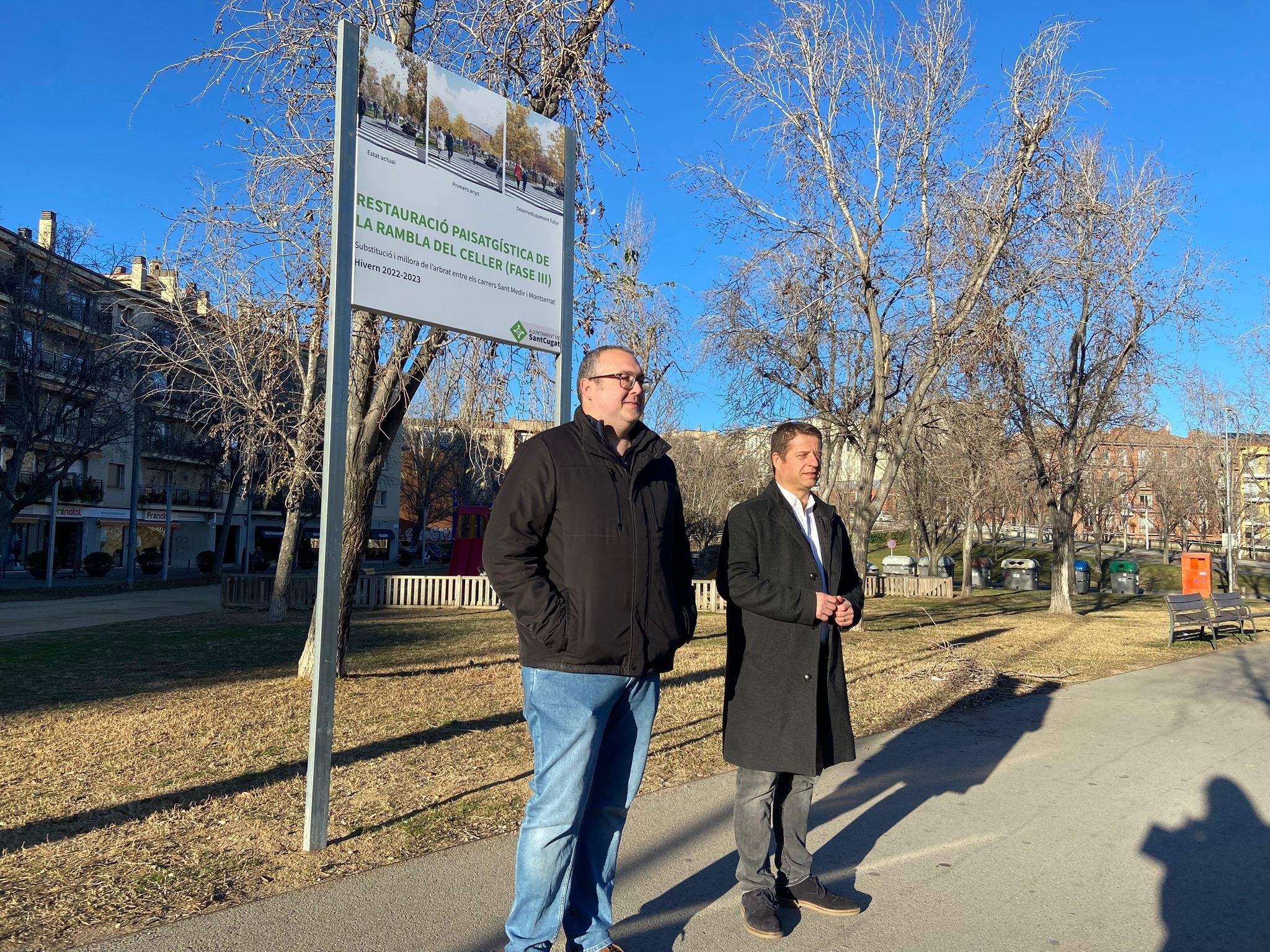 Els regidors José Gallardo i Pere Soler a la rambla del Celler. FOTO: Alba M. Vallejo