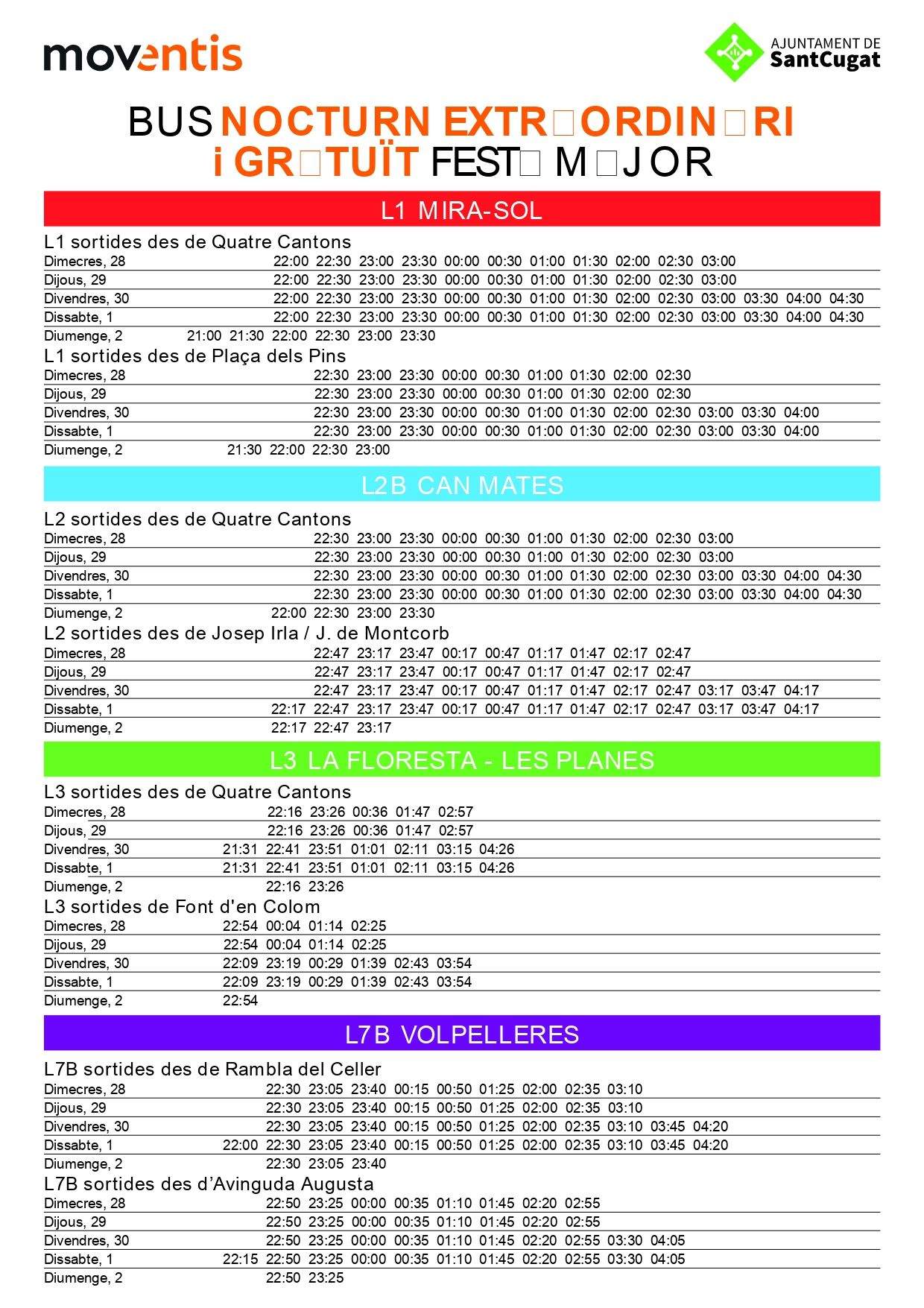 Horaris dels autobusos durant la Festa Major. FONT: Ajuntament