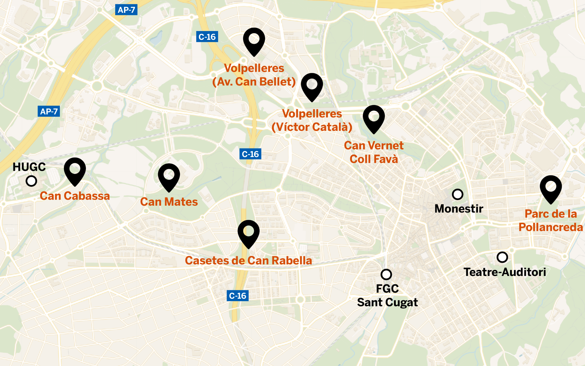 Mapa dels set correcans de Sant Cugat per a gossos. FOTO: TOT