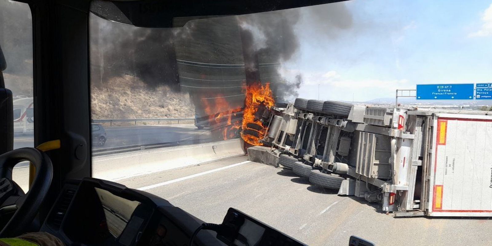 El camió que ha bolcat transportava porcs. FOTO: ACN