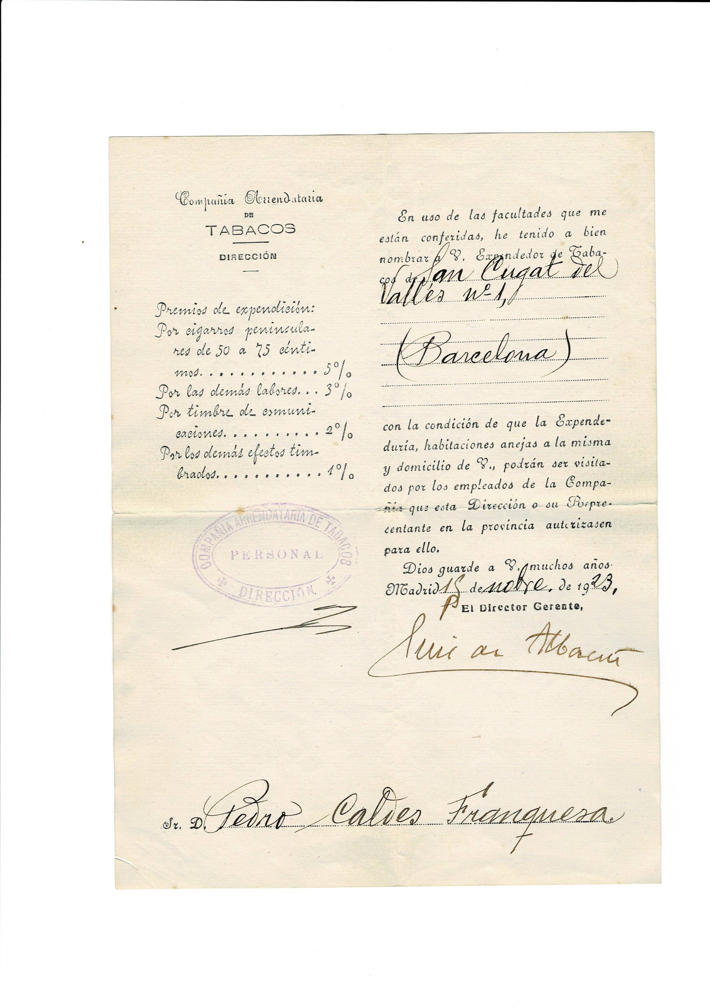 Document primera concessió de l’estanc. 1923. FOTO: Cedida
