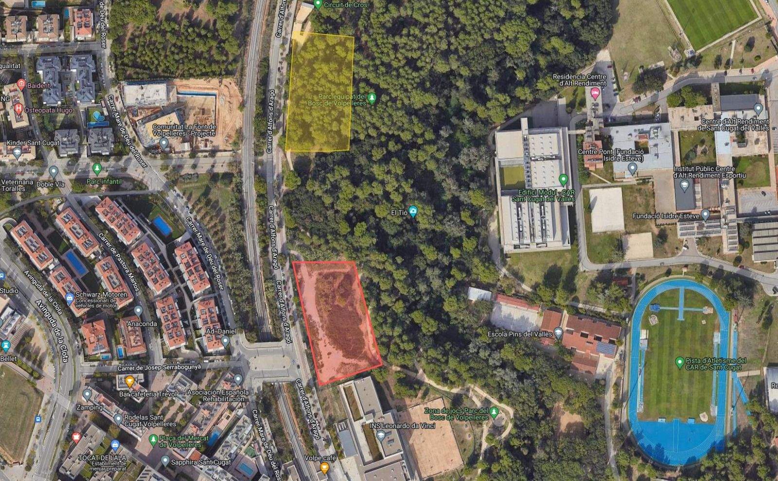 En groc la ubicació al bosc, en vermell l'ubicació inicial  i que es vol recuperar FOTO: Cedida 