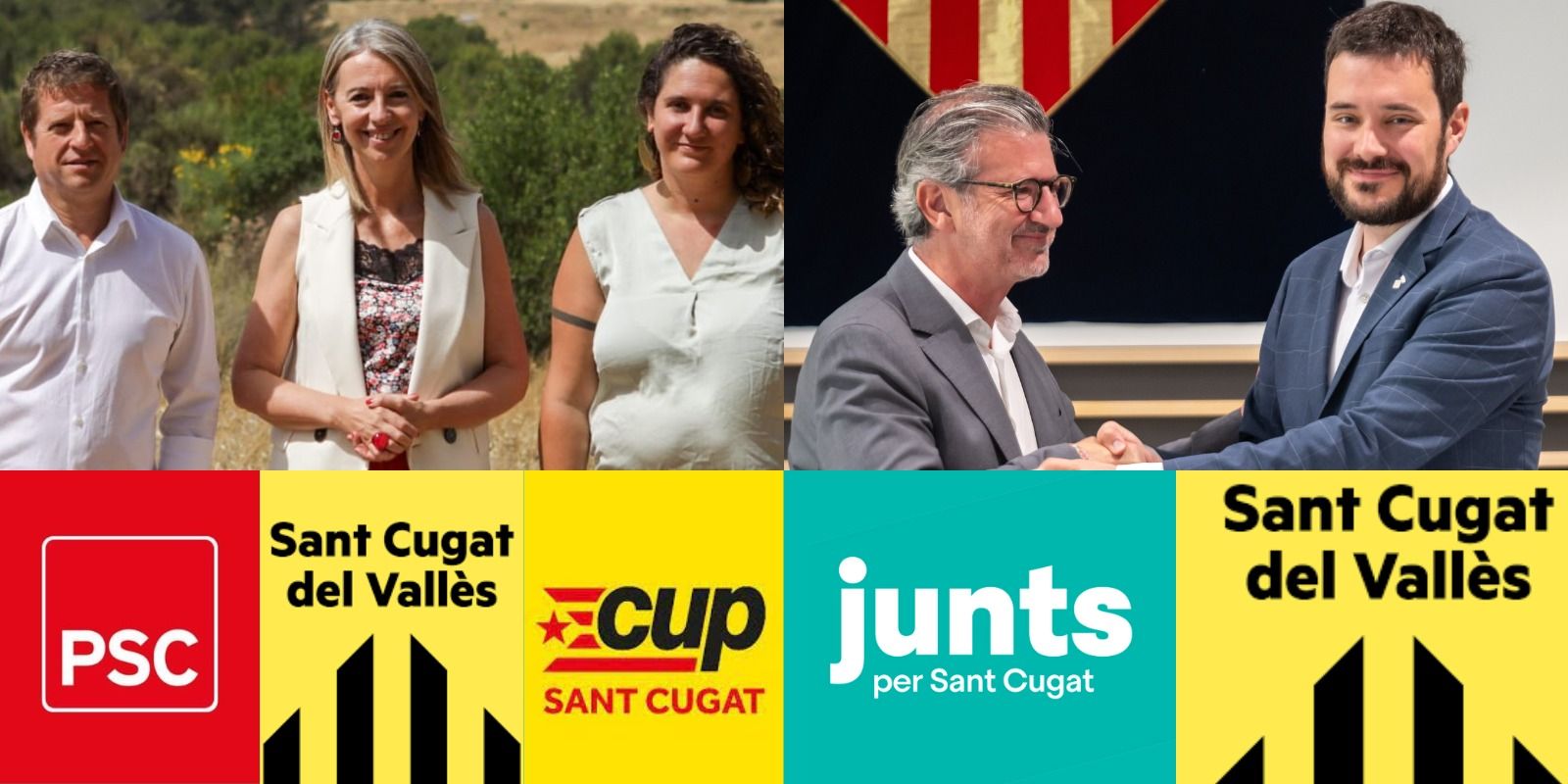 A l'esquerra el tripartit [Pere Sole (PSC), Mireia Ingla (ERC) i Núria Gibert (CUP)] i a la dreta  Josep Maria Vallès ( Junts) i Bernat Picornell (ERC) FOTO: Arxiu